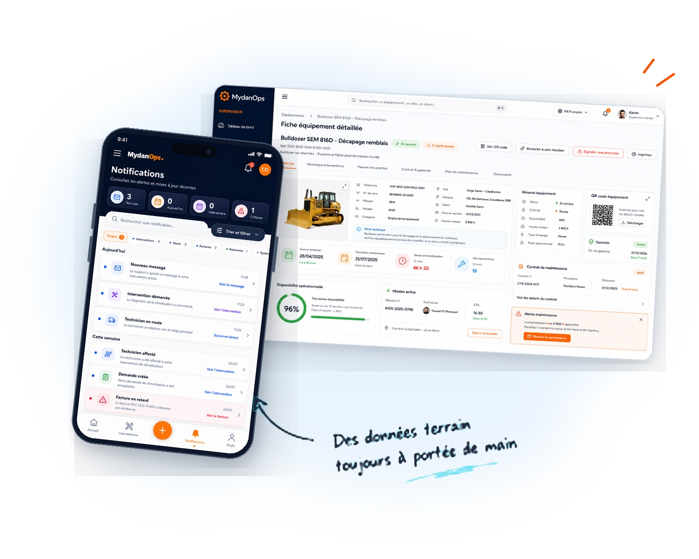 Interface mobile techniciens et dashboard superviseur interventions